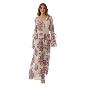 Ultra Pink Boho Chic Cream Maxi Dress Wine Embroidery on Sheer Net Overlay L